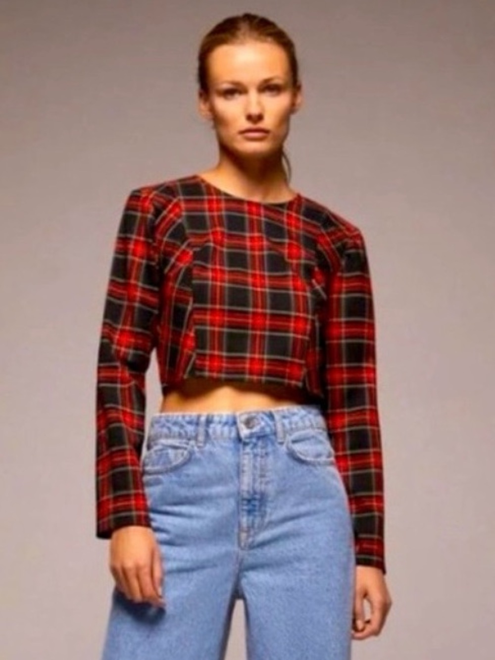 NWT ZARA Red Black Long Sleeve Plaid Crop Top XS